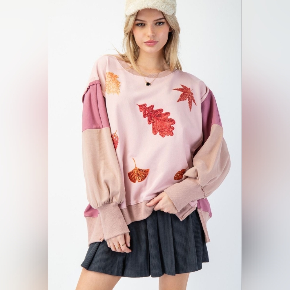 7-1118 *Boutique* Easel Color Block Sequin leaves Patch Boho Holiday Pullover - Picture 2 of 5